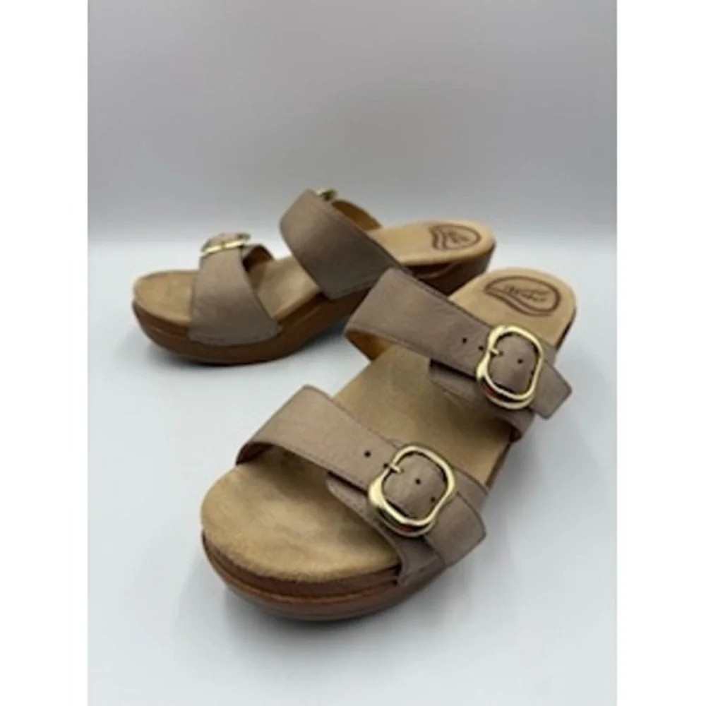 Dansko Slide Sandals Taupe Leather Double Buckle Platform Wedge Casual Size 37